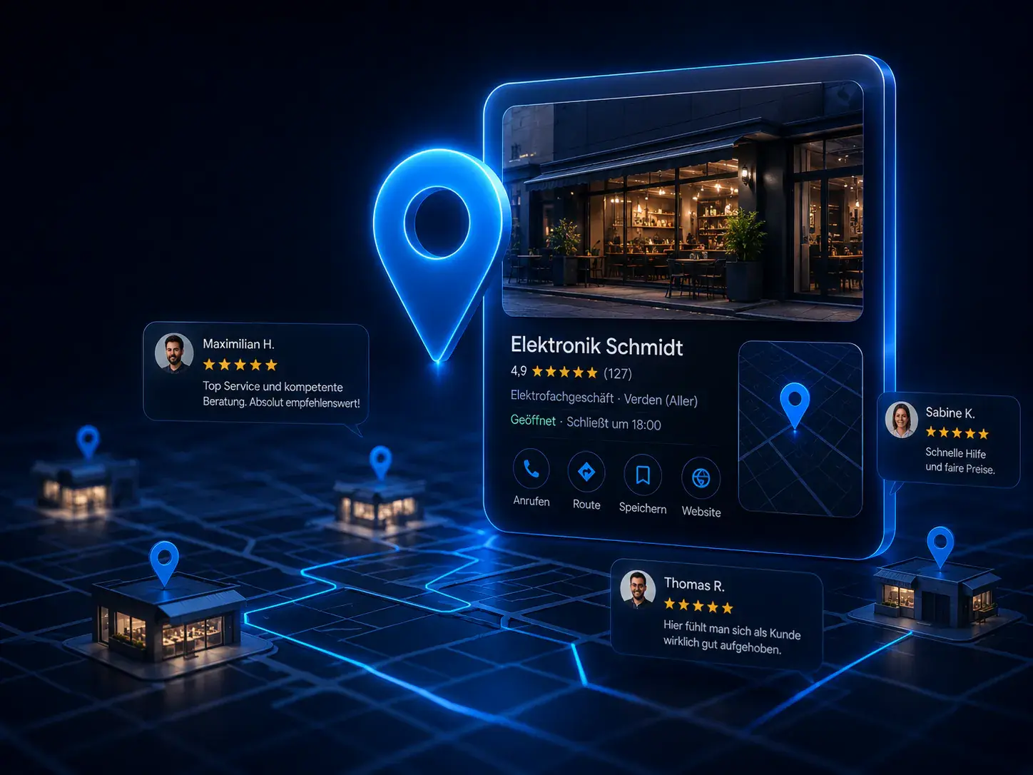 Google Business Profile und Maps Sichtbarkeit als dunkles Dashboard