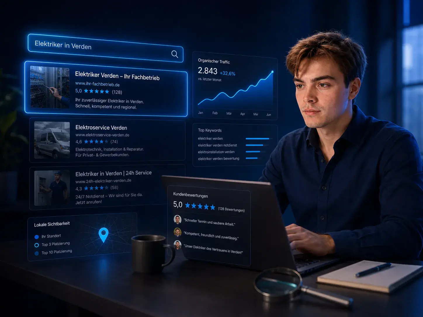 SEO Analyse mit Suchergebnissen und Sichtbarkeits-Dashboard