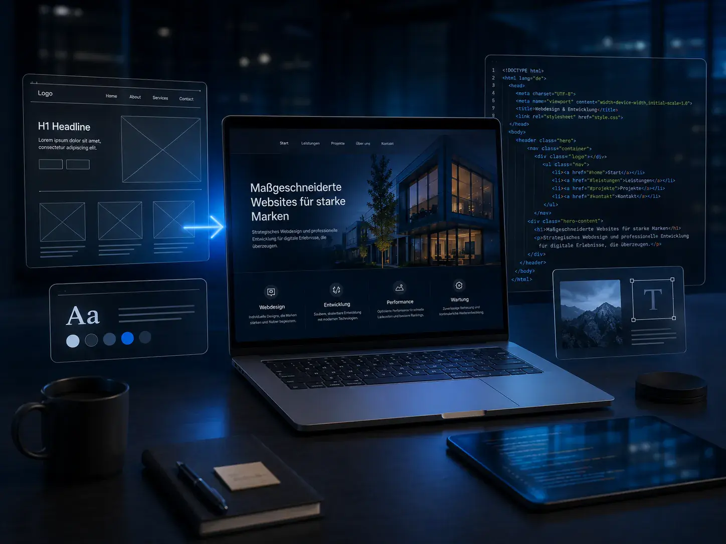 Dark premium Webdesign Dashboard mit Website-Konzept und Entwicklung